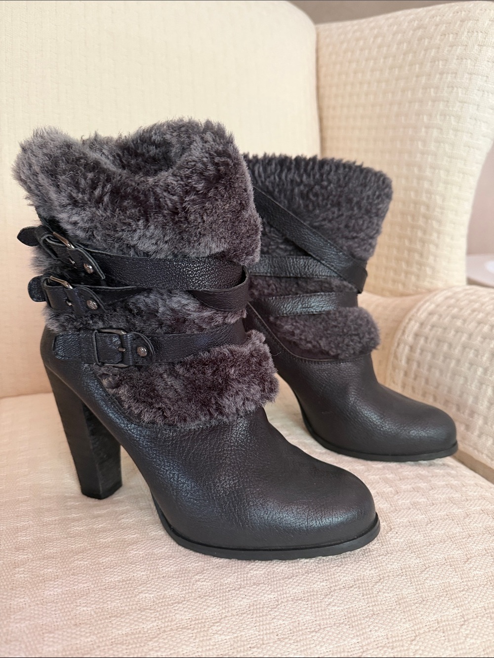 Stuart Weitzman Black Faux Fur Strap High-Heel Ankle Boots